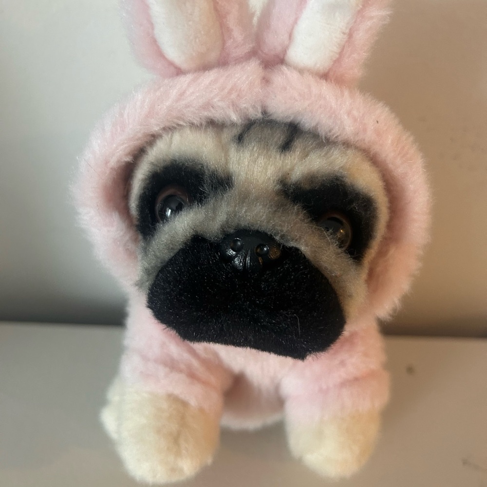 Doug the pug Plush in Pink Bunny Outfit